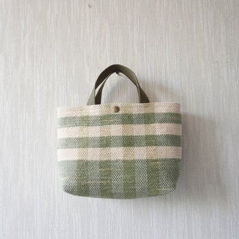 裂き織りのバッグS ミルクベージュ×淡いモスグリーン　チェックの画像