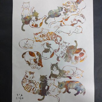 ギルディング和紙A3サイズ　cats ネコ　生成和紙　黄混合の画像