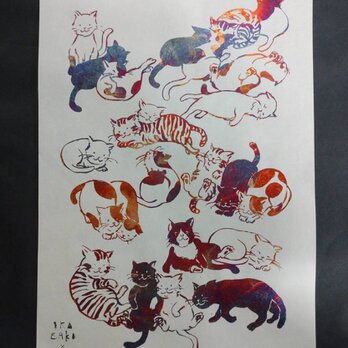 ギルディング和紙A3サイズ　cats ネコ　生成和紙　赤混合の画像