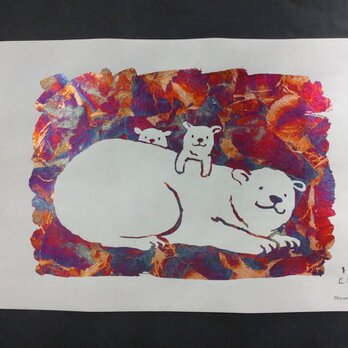 ギルディング和紙A3サイズ　polar bear シロクマ　生成和紙　赤混合の画像