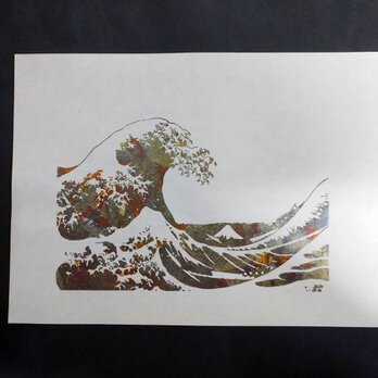 ギルディング和紙A3サイズ　波と富士　生成和紙　青混合の画像