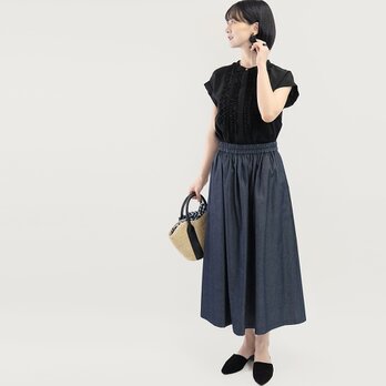 ロングセラー 岡山デニム 驚くほど軽い 色落ちしない濃紺 ギャザーロングスカート 日本製 オールシーズン｜IRIS-SK