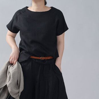 【wafu】やや薄地 リネン Tシャツ リネンブラウス 男女兼用 ユニセックス 半袖/ブラック t038f-bck1の画像