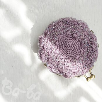 ばあば作、ビーズ入り松編み・まるまるがま口（lilac・C1322)の画像