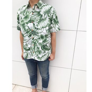 アロハシャツ/グリーン/メンズM.Lサイズ/レフア/ハワイアンの画像