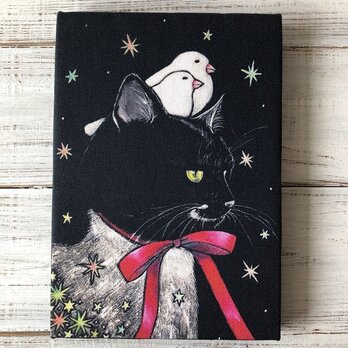 星月猫★アート「タキ リボン先に」猫 猫絵画　SM 複製画　木製パネル貼り「001」の画像