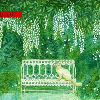 水彩・原画「庭の白猫と白いベンチ」の画像