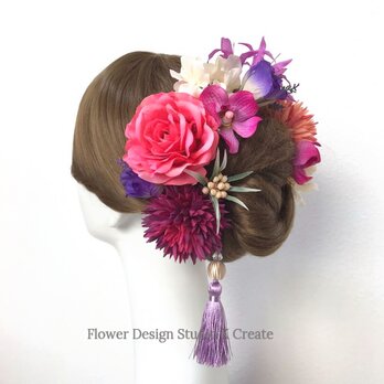 和装婚・成人式に♡フーシャーピンクの薔薇とマムのヘッドドレス（13本セット）　紫陽花　卒業袴　結婚式　成人式の画像