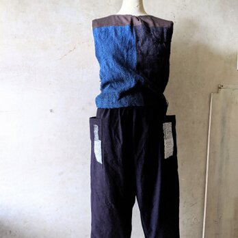 裂き織のポケット・藍染のサルエル風パンツ　ゆったりフリーサイズの画像