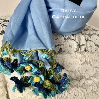 立体刺繍の花付き　コットンストール　ライトブルー＆ブルーミックスの画像