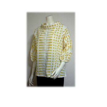 49　浴衣リメイク可愛いレトロ衿プルオーバーシャツ（白×黄）の画像