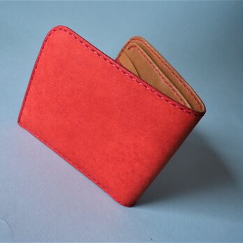 イタリアンレザーの二つ折り財布（レッド×キャメル）の画像