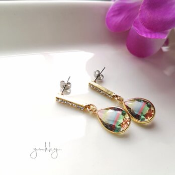 フレームガラス✽マルチカラーyellow系ステンレス製ポストピアス