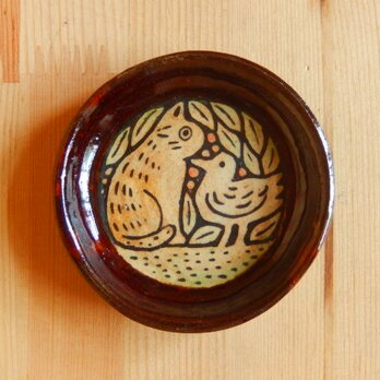 ねこと鳥の飴釉豆皿の画像