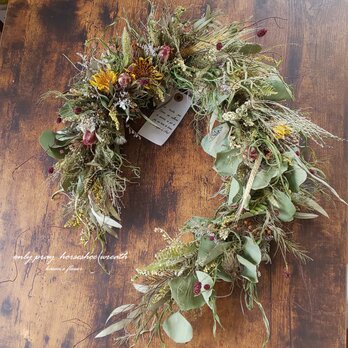 wreath「祈り」　穀物とひまわりのホースシューリース　大きなリース　　夏　ナチュラルの画像