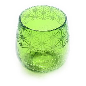 琉球ガラスｘ東京切子(花切子）グラス　丸　千代紙　緑の画像