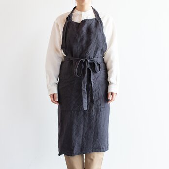 TE-002S ［日本製品染め］リネン カフェエプロン（ストライププラムグレー）teint