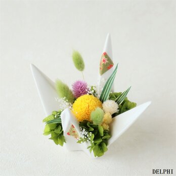 折り鶴のアレンジメント（ホワイトベース＆イエロー）【プリザーブドフラワー】お盆　お供え　仏花の画像