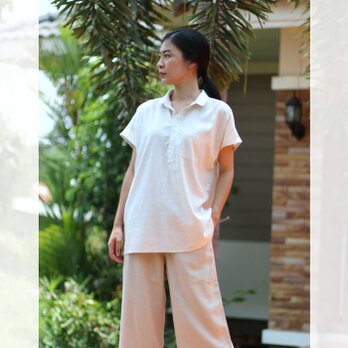 【ネット限定】 レーヨン & リネン シャツ 半袖 麻 ゆったりサイズ M　L オフホワイト ユニセックス Tomoの服の画像