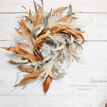 「茜雲」wreath 　  　グレビレアゴールドとパンパスのリース　　ナチュラル　　ドライフラワーリース　パンパスグラスの画像