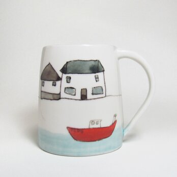 イギリス作家の手作りマグカップ「家と舟」の画像