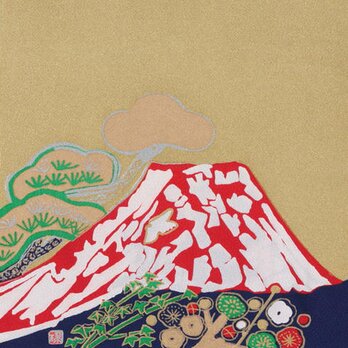 風呂敷　ふろしき  片岡球子　松竹梅に富士山　金色　絹100％　45cm×45cmの画像