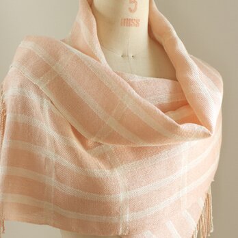 手織り　サーモンピンクのリネンストールの画像