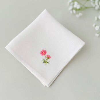 風にゆれるコスモス｜手刺繍＆手仕立てのソフトリネンハンカチ