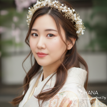 結婚式 髪飾り❤︎ヘッドドレス、花冠　花かんむり　カチューシャ　かすみ草xゴールド　成人式　卒業式　袴　振袖　和装　OHANA