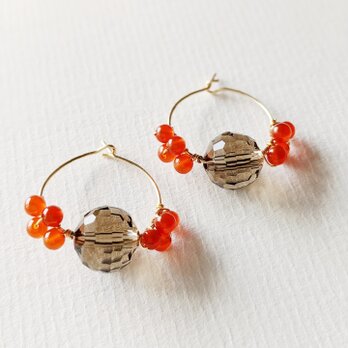 14kgf carnelian & smorkey quartz カーネリアン&スモーキークォーツフープ（イヤリング可）の画像