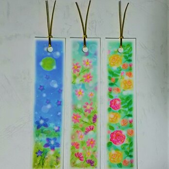 秋の花の栞(しおり)　3種のパステルアートのブックマーク　桔梗/コスモス/バラの画像