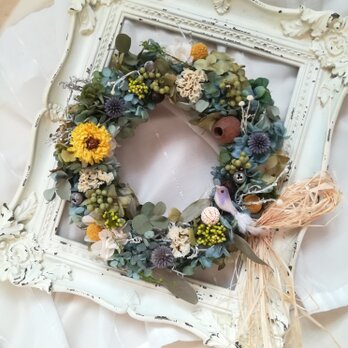 wreath“木の実と小鳥とアザミ„(リース　プリザーブドフラワー　ドライフラワー　アンティーク)の画像