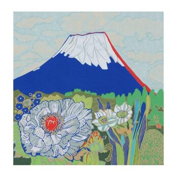 風呂敷　ふろしき  片岡球子　牡丹に富士山　ブルー　絹100％　45cm×45cmの画像