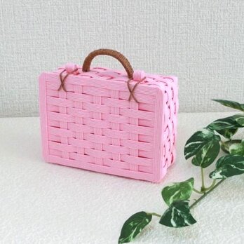 クラフトカゴ　トランク型　旅行鞄　可愛い小物入れ　ピンク色の画像