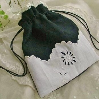 黒リネン*巾着*ポーチ*アンティーク*カットワークレース