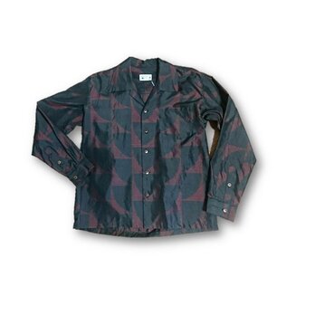 1　大島紬リメイク メンズ長袖シャツ（赤×黒・M)の画像