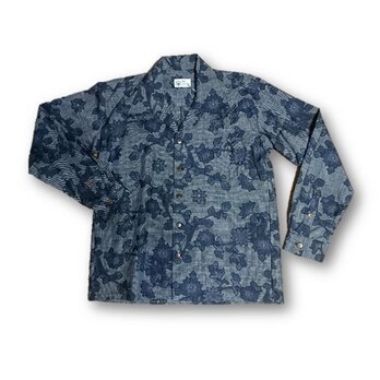 2　大島紬リメイク メンズ長袖シャツ（ブルー系花柄・M)の画像
