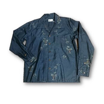 4　大島紬リメイク メンズ長袖シャツ（ブルー系花柄・M)の画像
