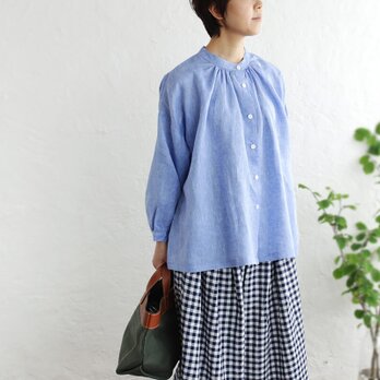 リネン ふんわり羽織りギャザーブラウス （ブルー）