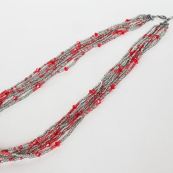 紅女　joncher　ビーズ・スワロフスキー６連ネックレス　シルバーレッドの画像