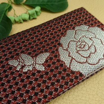 絹織物西陣織名刺・カード入れ 黒赤地薔薇に蝶々銀糸　中地ピンクの画像