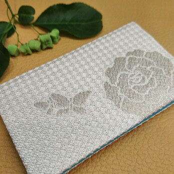 絹織物西陣織名刺・カード入れ 白地薔薇に蝶々銀糸　中地ブルーの画像