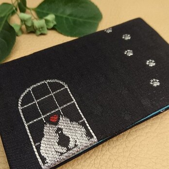 絹織物西陣織名刺・カード入れ 黒地に銀猫　中地ブルーの画像