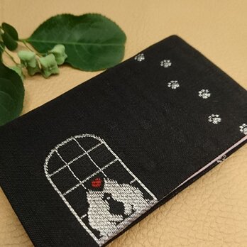 絹織物西陣織名刺・カード入れ 黒地に銀猫　中地ピンクの画像