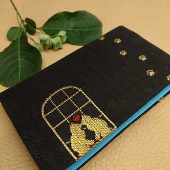 絹織物西陣織名刺・カード入れ 黒地に金猫　中地ブルーの画像