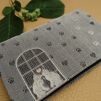 絹織物西陣織名刺・カード入れ グレー地に銀猫　中地黒の画像