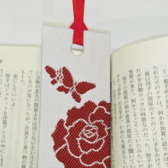 絹織物西陣織しおり　バラと蝶々（白地に赤）「送料無料」の画像