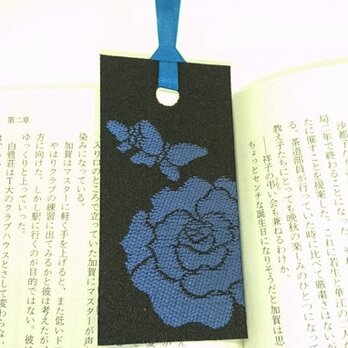 絹織物西陣織しおり　バラと蝶々（黒地に青）「送料無料」の画像