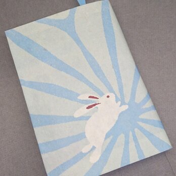 栞付き・和紙ブックカバー(文庫本サイズ)麻の葉に兎・ブルー「送料無料」の画像
