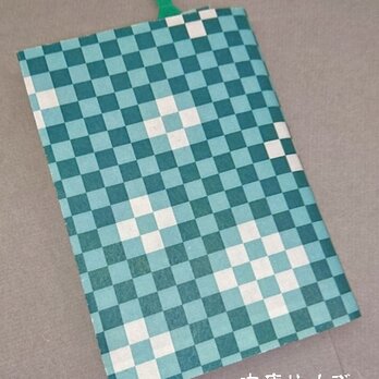 栞付き・和紙ブックカバー(文庫本サイズ)市松模様　緑「送料無料」の画像